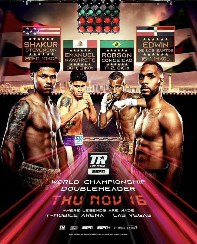 Fight poster showing Shakur Stevenson and Edwin De Los Santos in various poses.