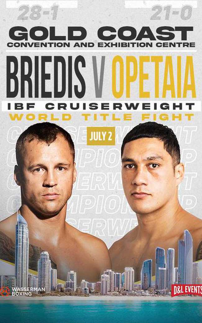 Fight poster showing Mariris Briedis and Jai Opetaia in various poses.