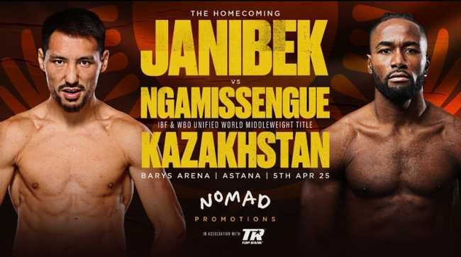 Fight poster showing Janibek Alimkhanuly and Anauel Ngamissengue in various poses.