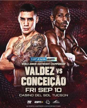Fight poster showing Oscar Valdez and Robson Conceiçáo in various poses.