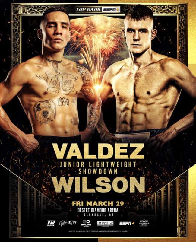 Fight poster showing Oscar Valdez and Liam Wilson in various poses.