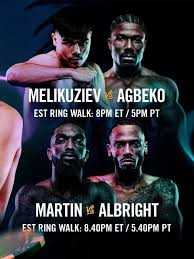 Fight poster showing Bektemir Melikuziev and Sena Agbeko in various poses.