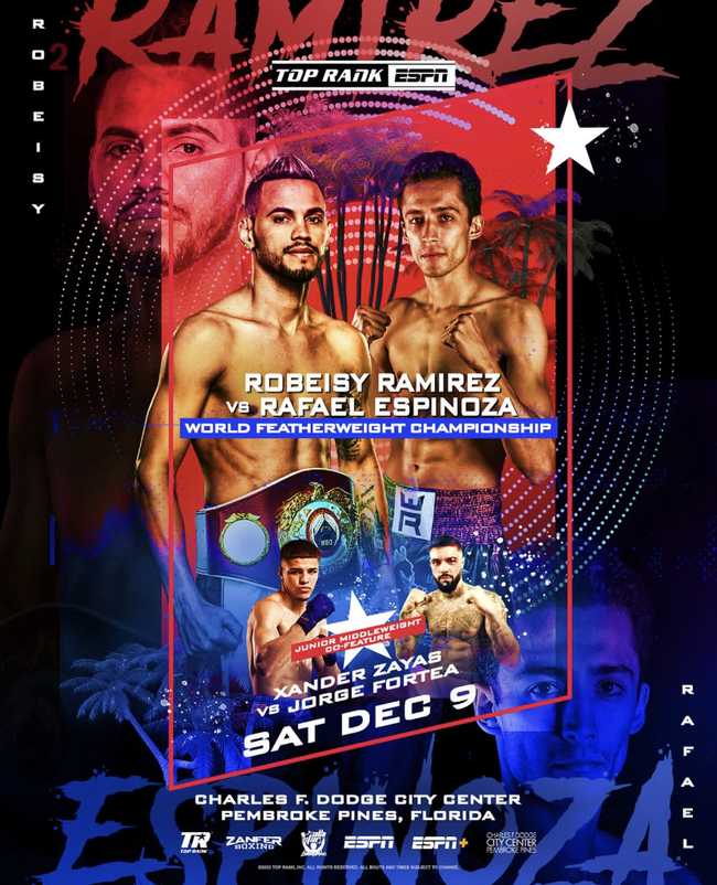 Fight poster showing Robeisy Ramirez and Rafael Espinoza in various poses.