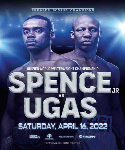 Fight poster showing Errol Spence and Yordenis Ugas in various poses.