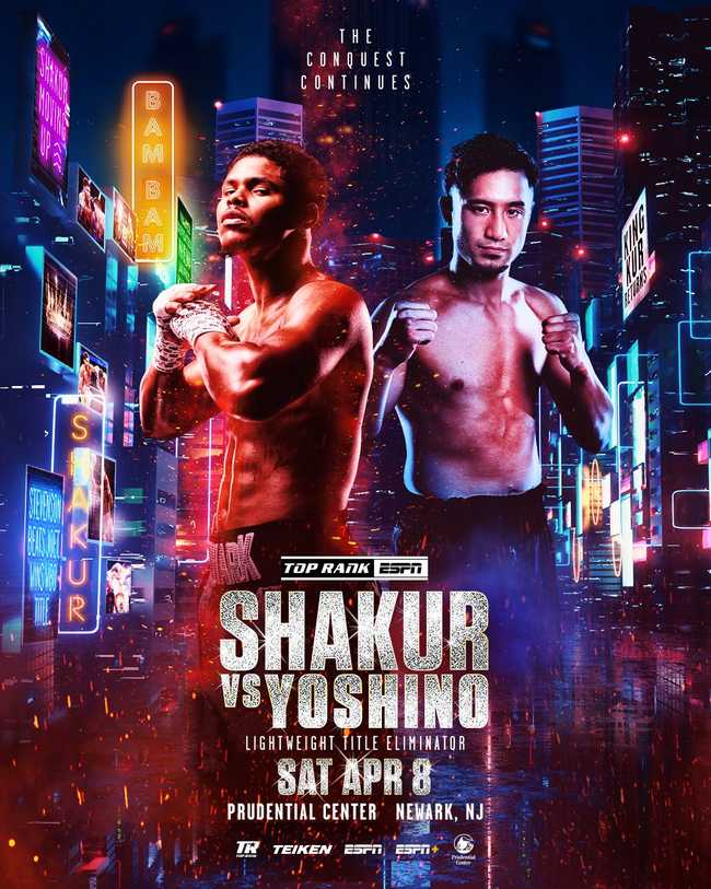 Fight poster showing Shakur Stevenson and Shuichiro Yoshino in various poses.