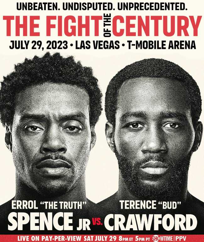 Fight poster showing Errol Spence and Terence Crawford in various poses.