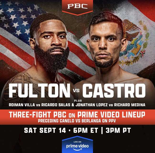 Fight poster showing Stephen Fulton and Carlos Castro in various poses.