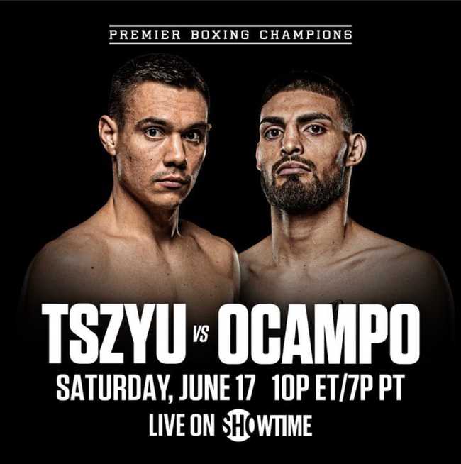 Fight poster showing Tim Tszyu and Carlos Ocampo in various poses.