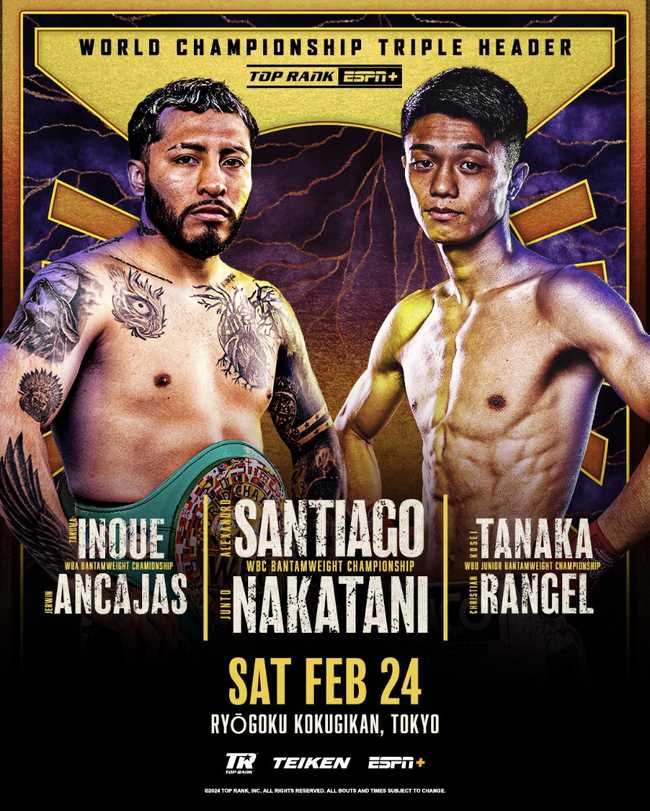 Fight poster showing Alexandro Santiago and Junto Nakatani in various poses.