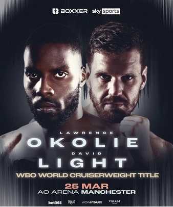 Fight poster showing Lawrence Okolie and David Light in various poses.