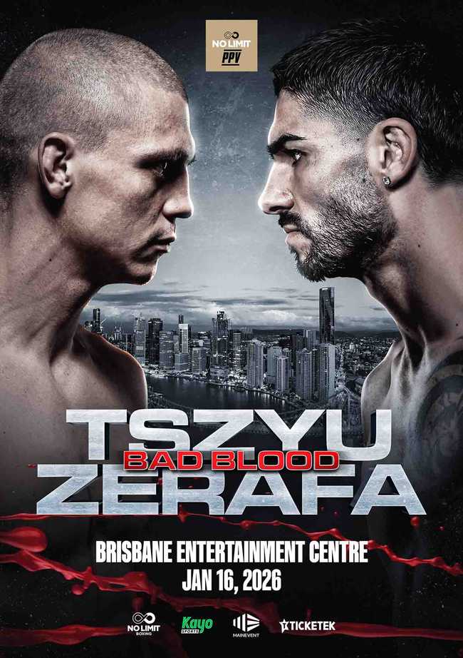 Fight poster showing Nikita Tszyu and Michael Zerafa in various poses.
