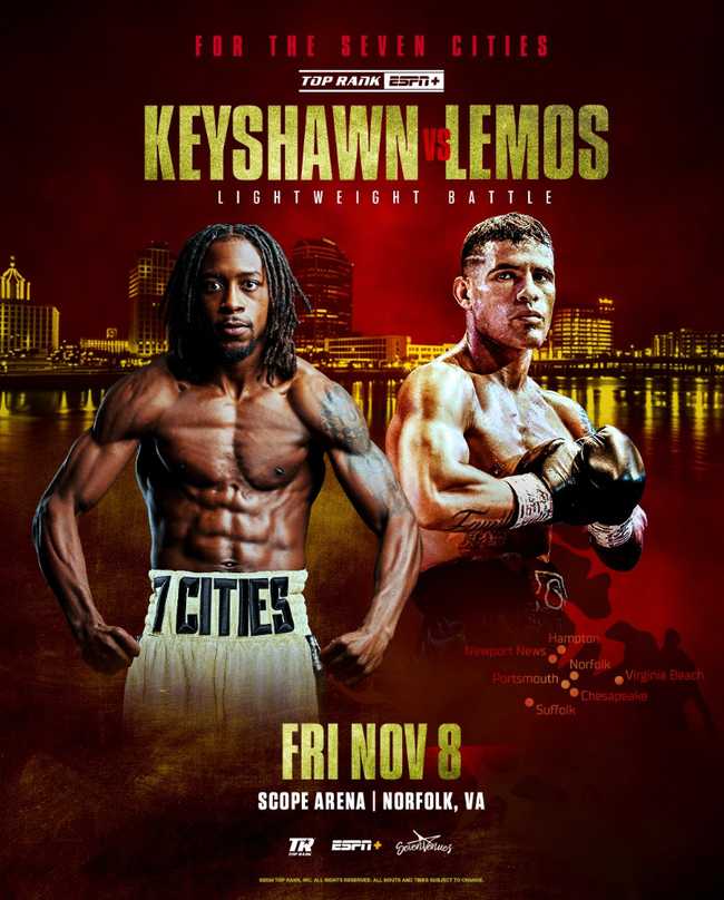 Fight poster showing Keyshawn Davis and Gustavo Daniel Lemos in various poses.