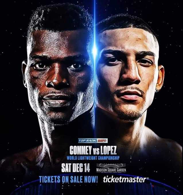 Fight poster showing Richard Commey and Teofimo Lopez in various poses.