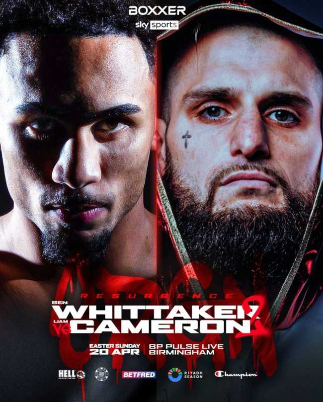 Fight poster showing Ben Whittaker and Liam Cameron in various poses.