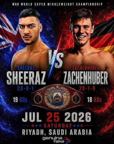Fight poster showing Hamzah Sheeraz and Simon Zachenhuber in various poses.