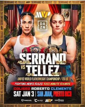 Fight poster showing Amanda Serrano and Reina Tellez in various poses.