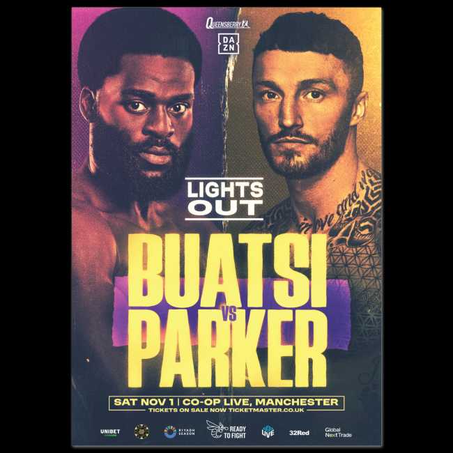 Fight poster showing Joshua Buatsi and Zack Parker in various poses.