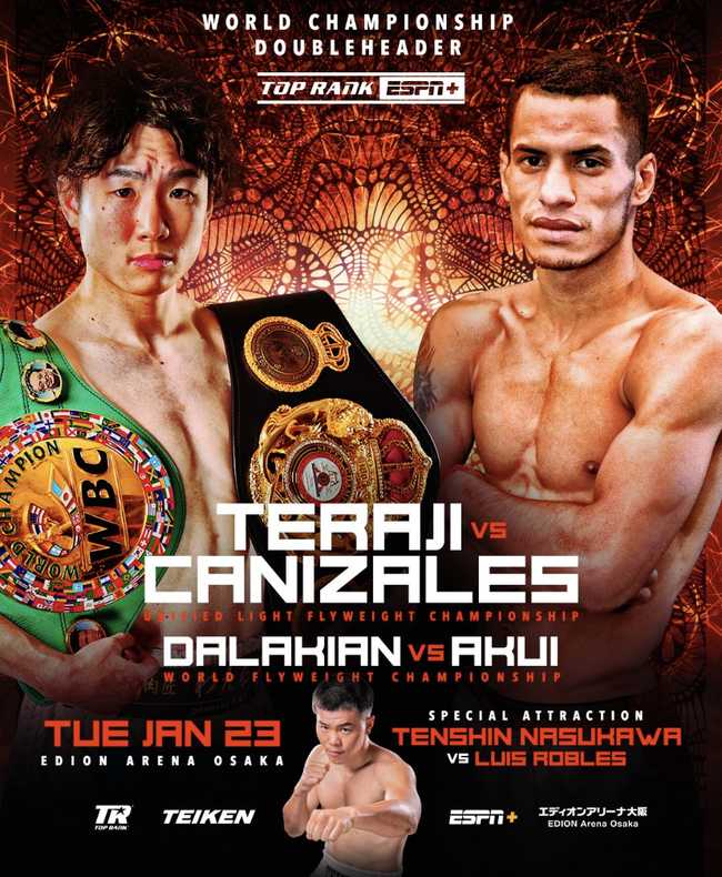 Fight poster showing Kenshiro Teraji and Carlos Canizales in various poses.