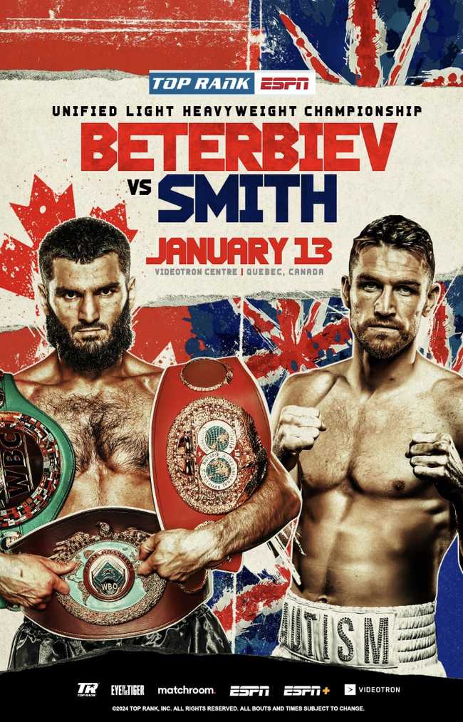 Fight poster showing Artur Beterbiev and Callum Smith in various poses.