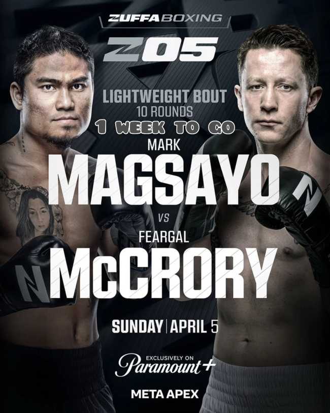 Fight poster showing Mark Magsayo and Feargal McCrory in various poses.