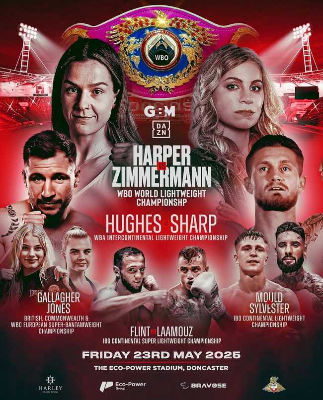 Fight poster showing Maxi Hughes and Archie Sharp in various poses.