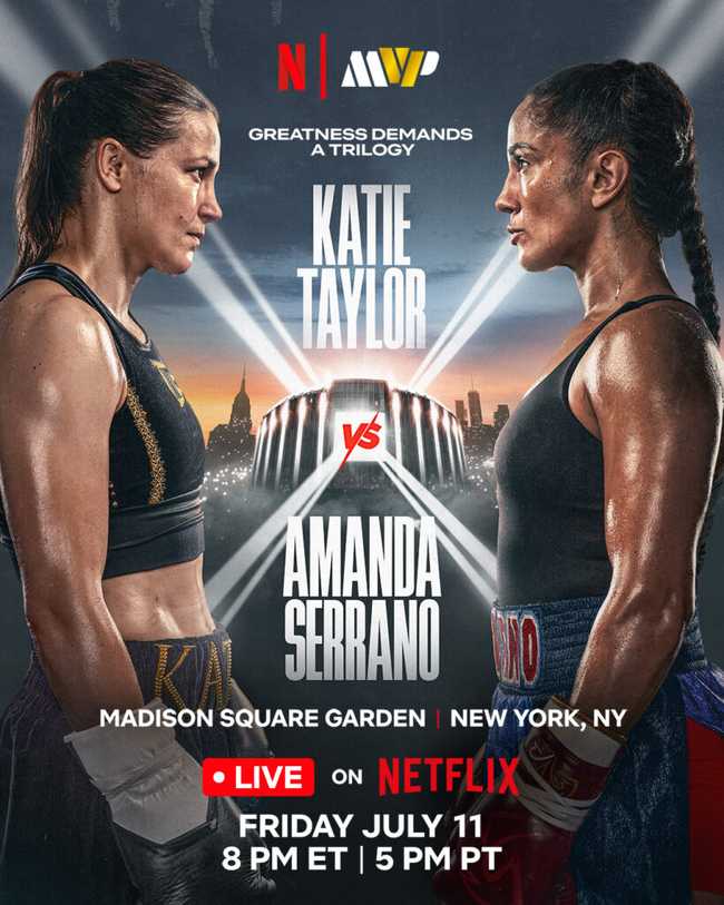 Fight poster showing Katie Taylor and Amanda Serrano in various poses.