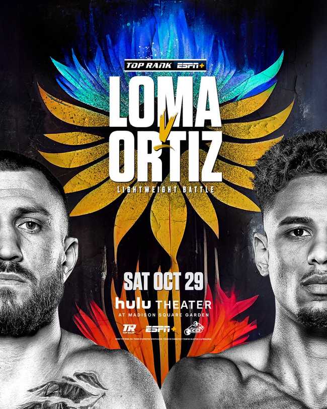 Fight poster showing Vasiliy Lomachenko and Jamaine Ortiz in various poses.
