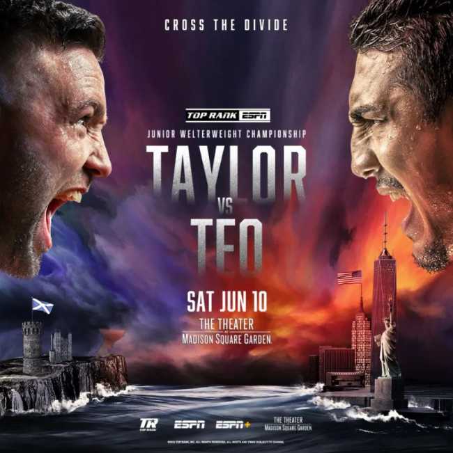 Fight poster showing Josh Taylor and Teofimo Lopez in various poses.