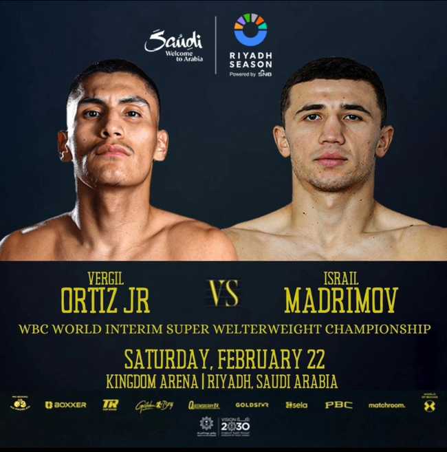 Fight poster showing Vergil Ortiz and Israil Madrimov in various poses.