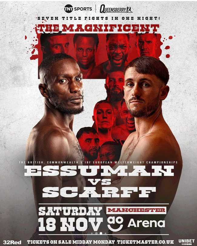Fight poster showing Ekow Essuman and Harry Scarff in various poses.