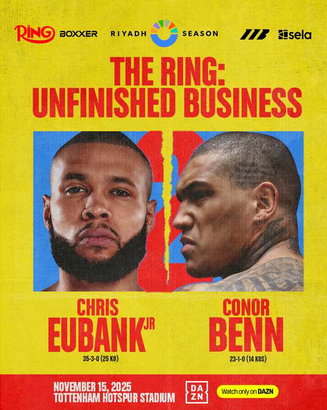 Fight poster showing Chris Eubank Jr and Conor Benn in various poses.