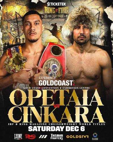 Fight poster showing Jai Opetaia and Huseyin Cinkara in various poses.