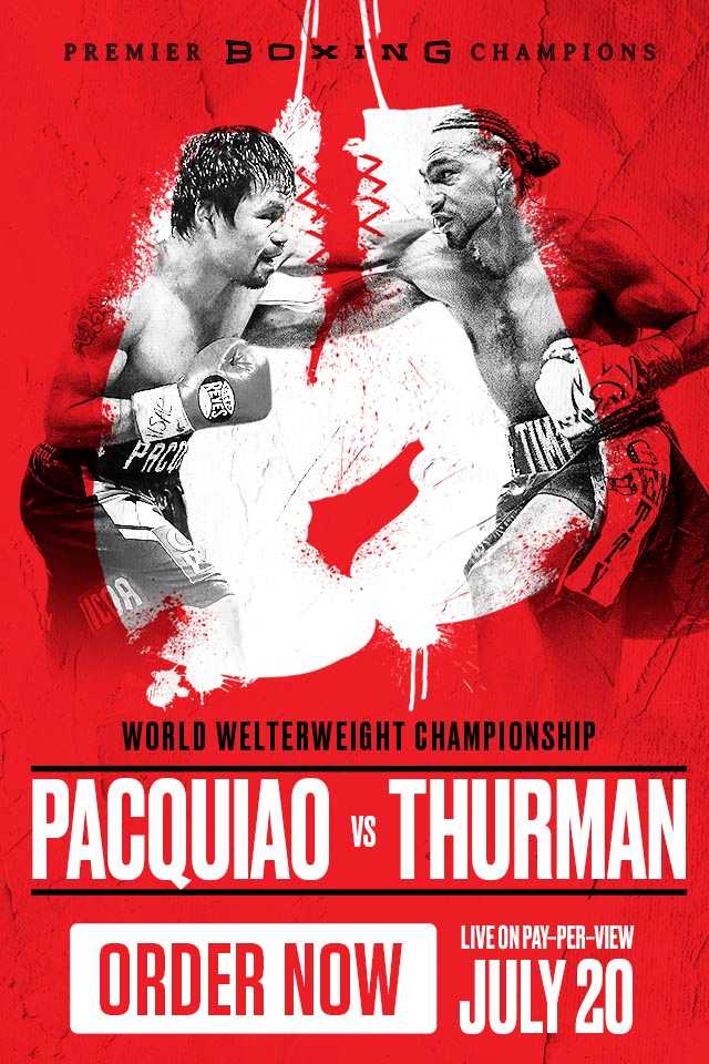 Fight poster showing Keith Thurman and Manny Pacquiao in various poses.