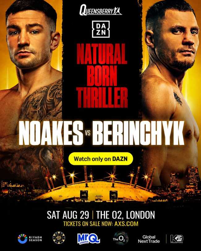 Fight poster showing Sam Noakes and Denys Berinchyk in various poses.