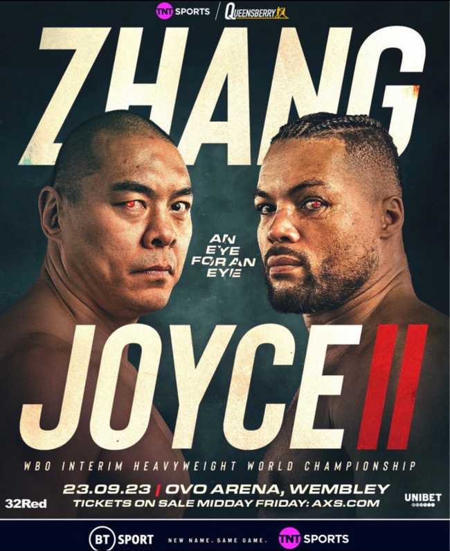 Fight poster showing Zhilei Zhang and Joe Joyce in various poses.