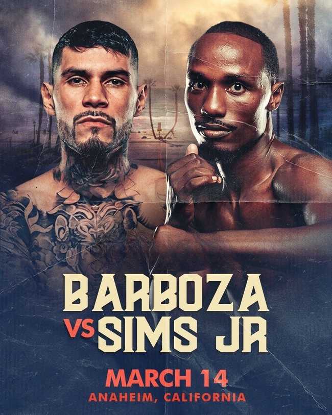 Fight poster showing Arnold Barboza Jr and Kenneth Sims Jr in various poses.