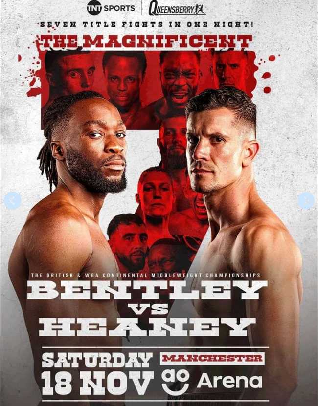 Fight poster showing Denzel Bentley and Nathan Heaney in various poses.