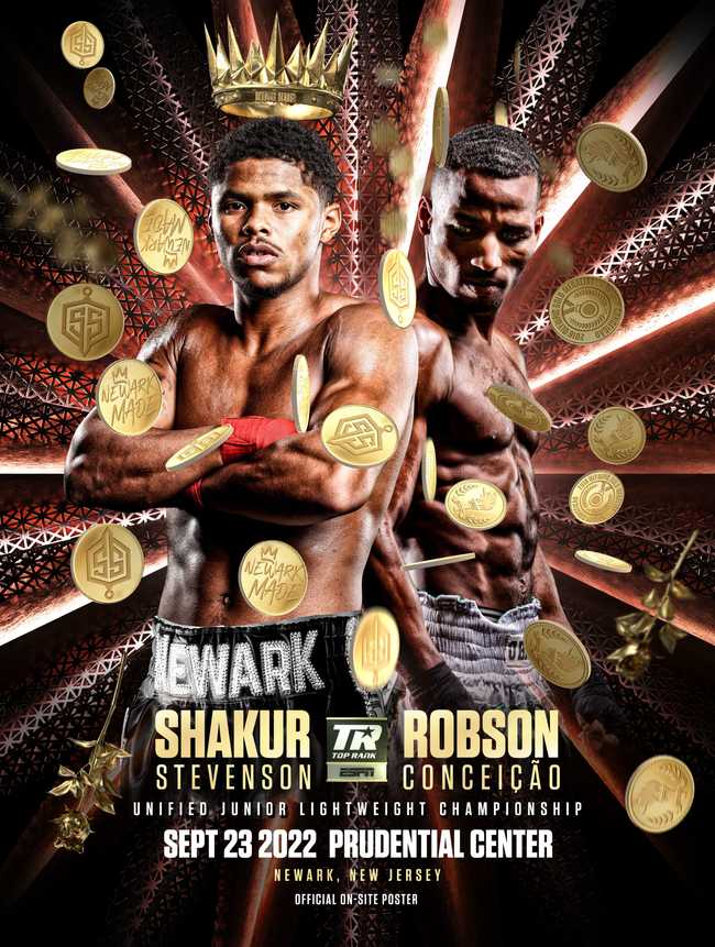 Fight poster showing Shakur Stevenson and Robson Conceiçáo in various poses.