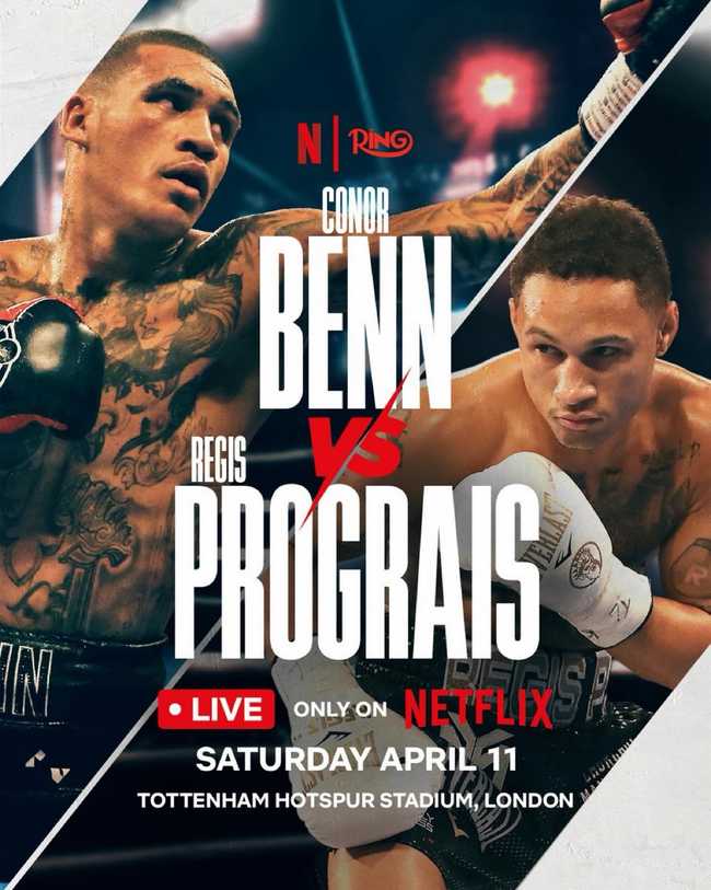Fight poster showing Conor Benn and Regis Prograis in various poses.