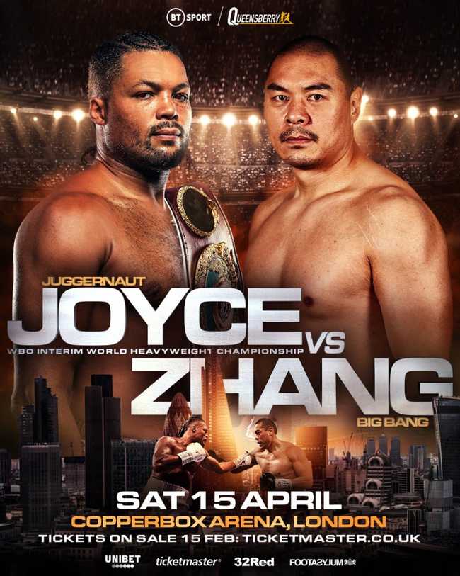 Fight poster showing Joe Joyce and Zhilei Zhang in various poses.