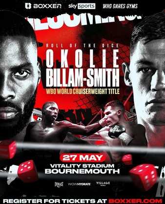 Fight poster showing Lawrence Okolie and Chris Billam-Smith in various poses.
