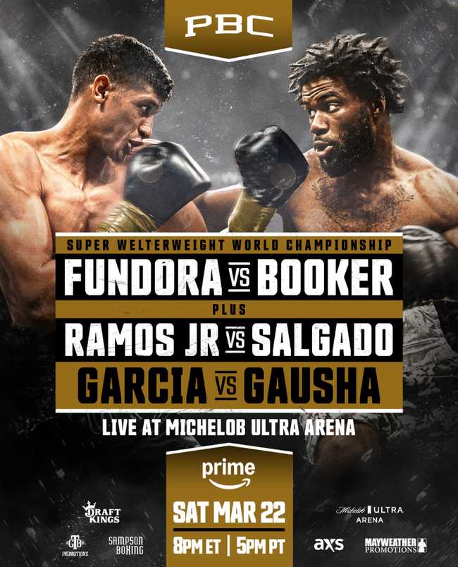 Fight poster showing Sebastian Fundora and Chordale Booker in various poses.