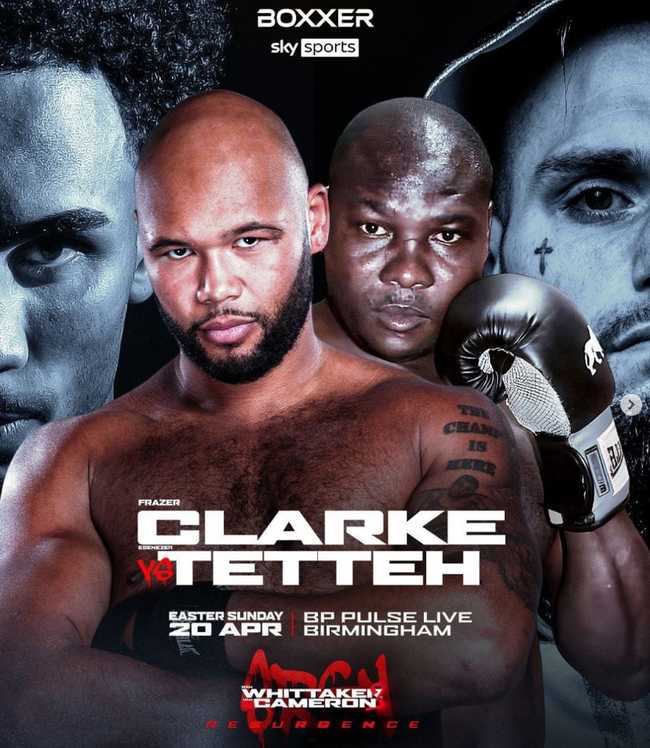 Fight poster showing Frazer Clarke and Ebenezer Tetteh in various poses.