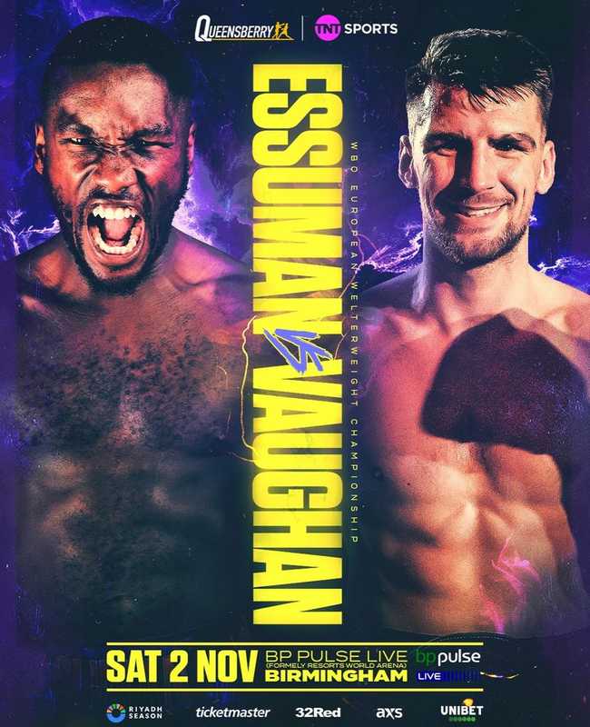 Fight poster showing Ekow Essuman and Ben Vaughan in various poses.