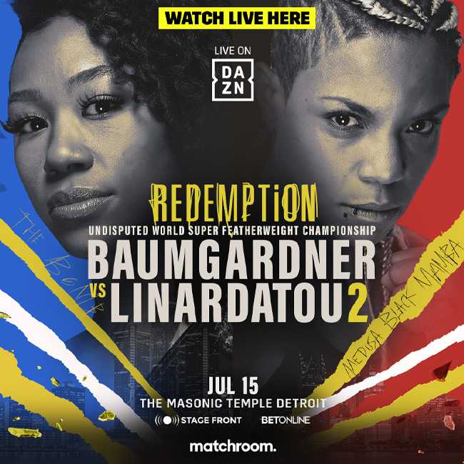 Fight poster showing Alycia Baumgardner and Christina Linardatou in various poses.