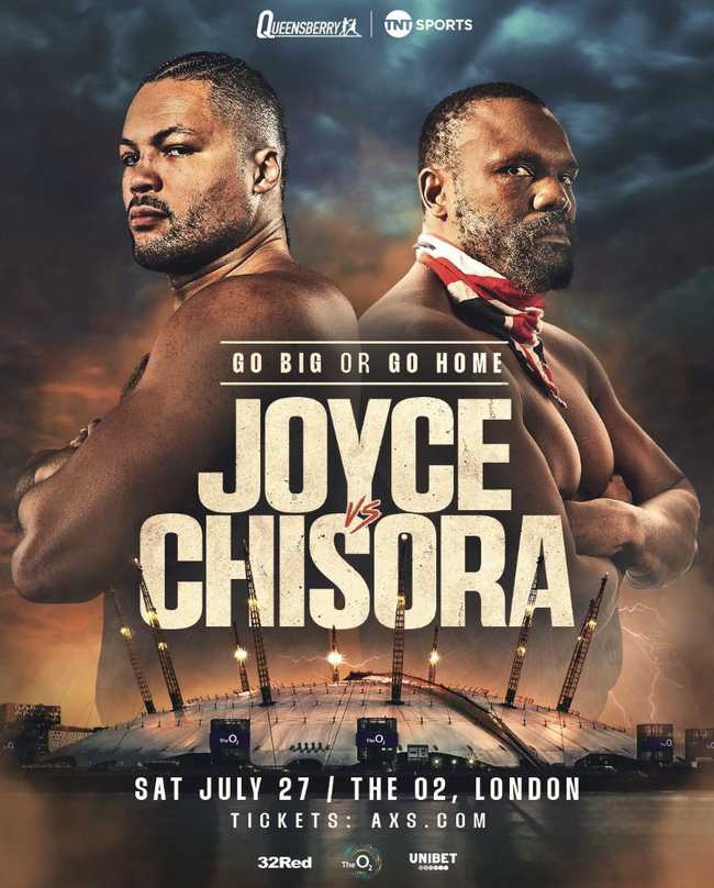 Fight poster showing Joe Joyce and Derek Chisora in various poses.