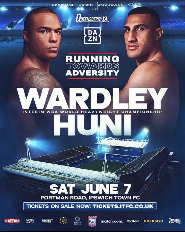 Fight poster showing Fabio Wardley and Justis Huni in various poses.