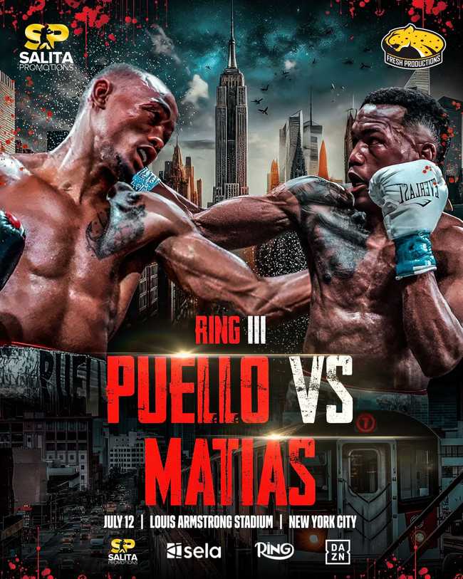 Fight poster showing Alberto Puello and Subriel Matias in various poses.