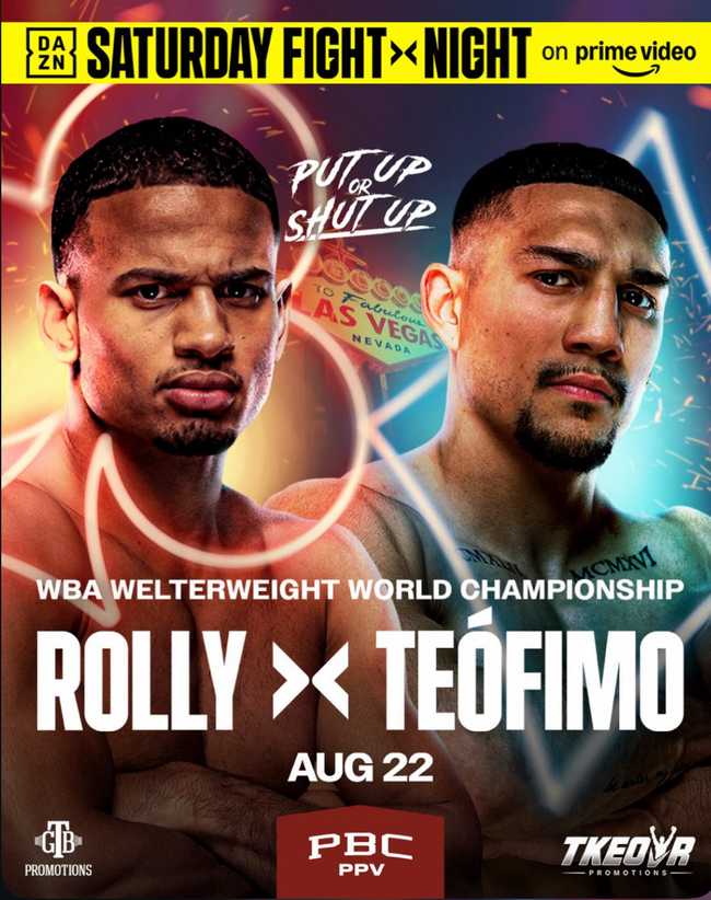 Fight poster showing Rolando Romero and Teofimo Lopez in various poses.