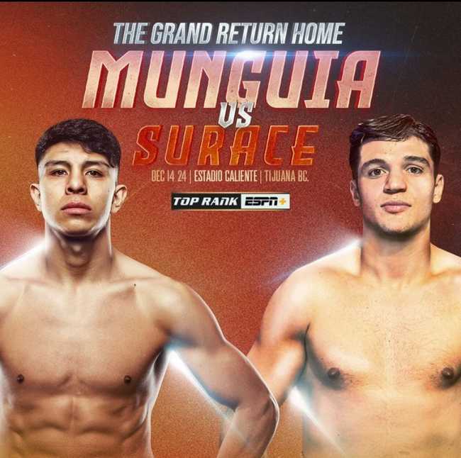 Fight poster showing Jaime Munguia and Bruno Surace in various poses.